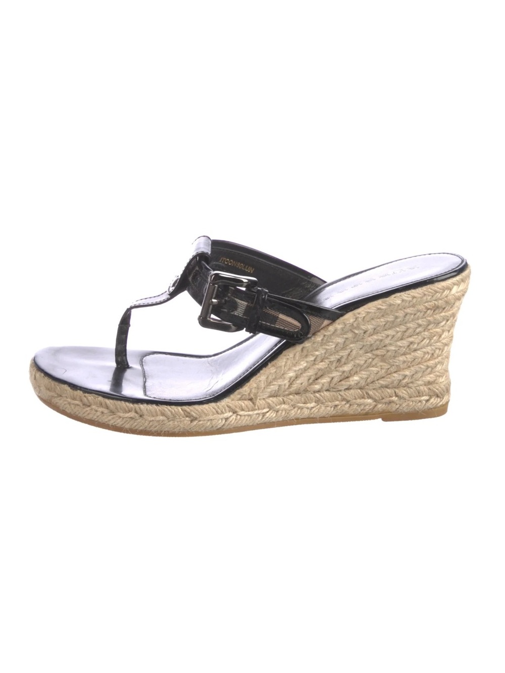 Burberry / Novacheck Black Patent Wedge Sandals with Natural Espadrille - Sz 39